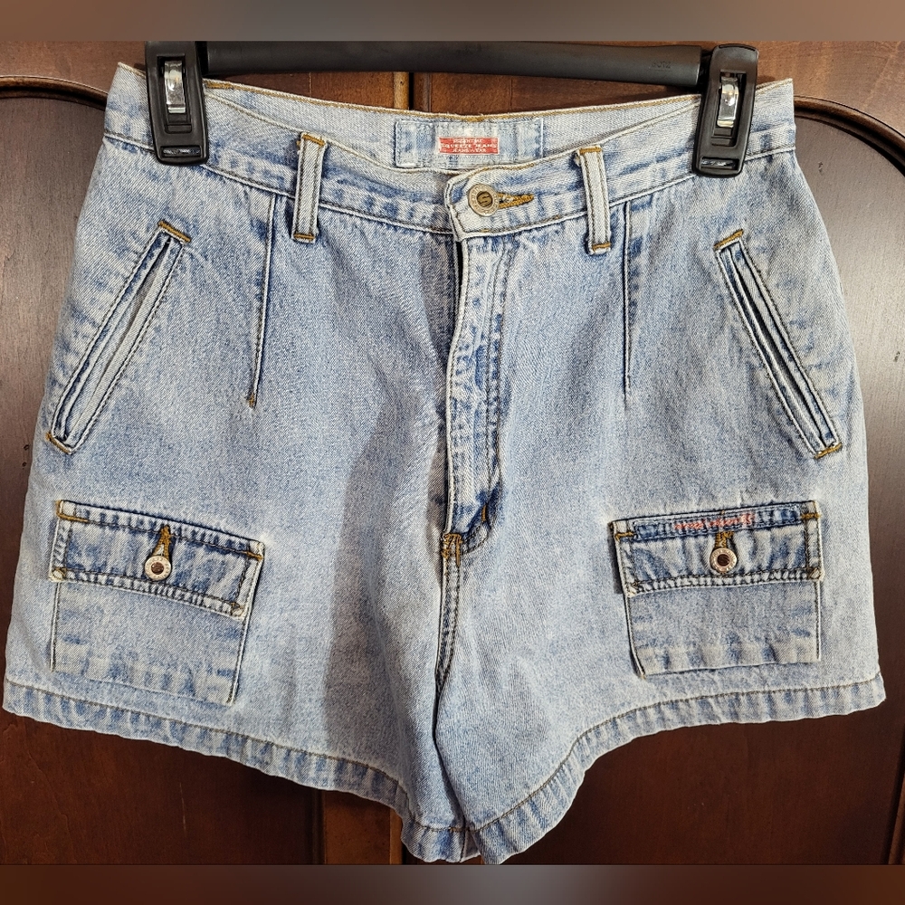 Women's Vintage Y2K Denim Jean Cargo Shorts Squeeze Light Wash Sz 7/8 27" Waist